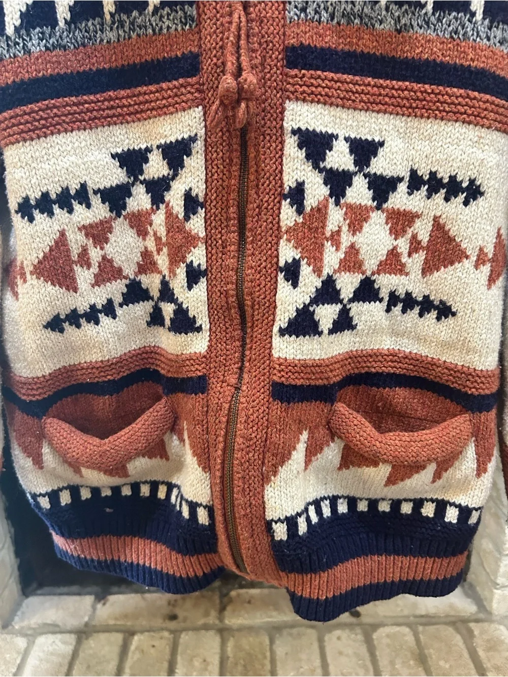 American Eagle Men's Aztec Zip-Up Knit Sweater Jacket - Cream & Rust EUC